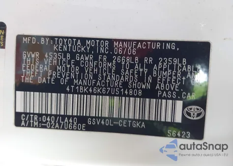 2007 Toyota Camry Xle V6 из США, поврежденный, VIN 4T1BK46K67U514808